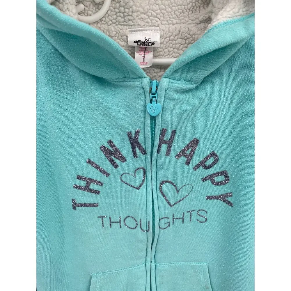 Justice Teal Blue Full Zip Girls Think Happy Thoughts Sherpa Lined Hoodie 7